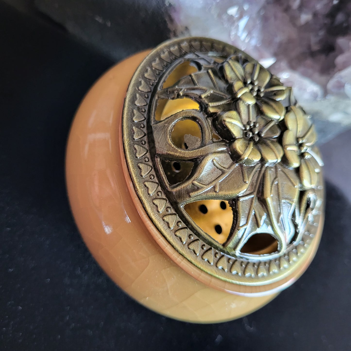 Encensoir à Charbon Céramique Ocre & Bronze Fleuré